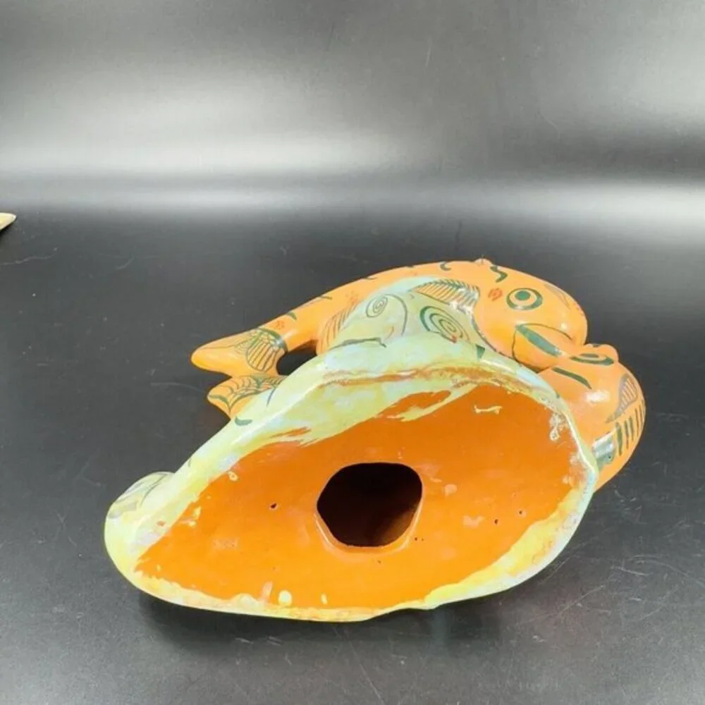 Mexico Folk Art Pottery Tonala Ceramics Orange Dolphins‎ Fish On Wave Painted